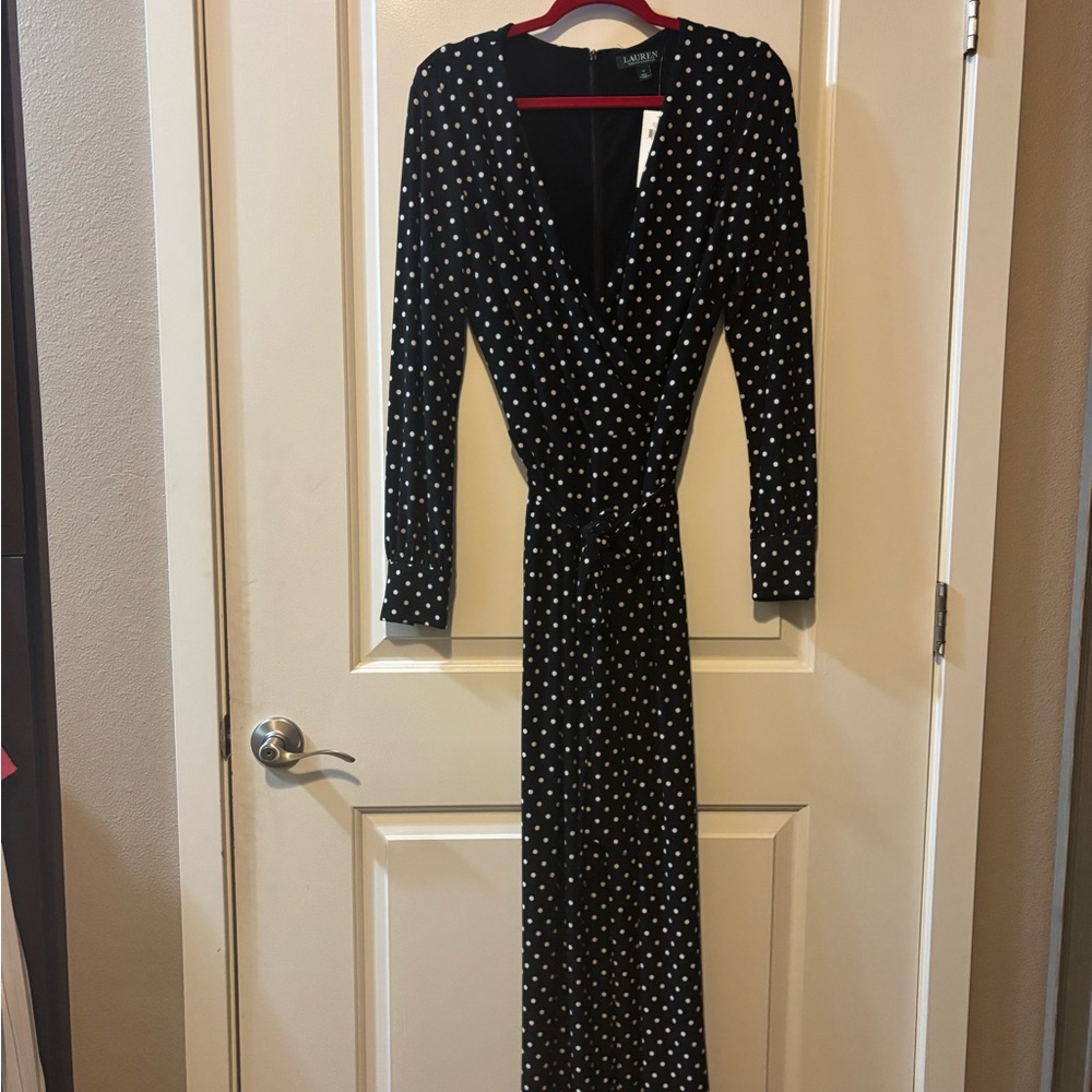 Ralph Lauren Black and White Polka Dot Long Sleeve Jumpsuit